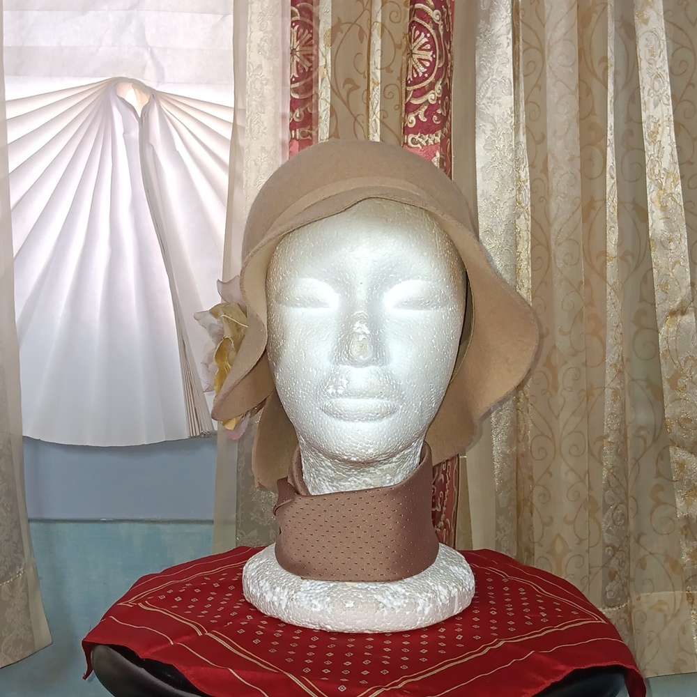 Lord & Taylor Tan Cloche Hat with Floral Accent